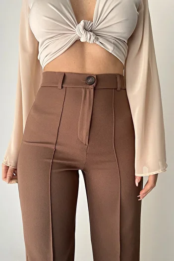 modazoom Women's Brown High Waist Palazzo Trousers with Front Stitching Detail