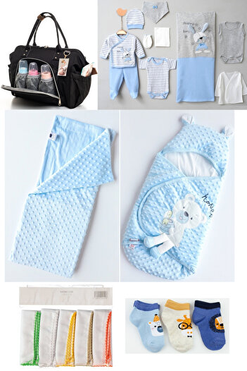 Necix's 6-Piece CUTE MONTHS BIRTH SET (10-Piece HOSPITAL EXIT, BABY BAG, SWADDLE, BLANKET, WIPES AND SOCKS SET)