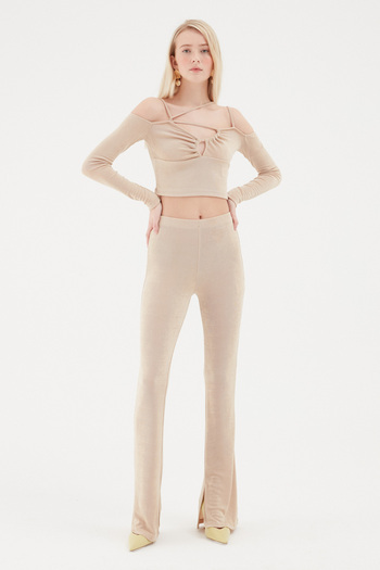 Quzu Cross Strap Low Shoulder Crop Blouse Stone