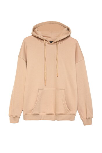Quzu Hooded Kangaroo Pocket Sweatshirt Beige