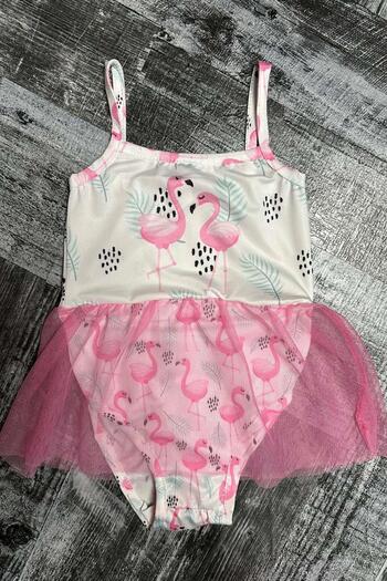 Riccotarz Girl's Flamingo Patterned Tulle Pink Swimsuit