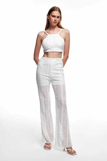 Quzu Openwork Detailed High Waist Trousers Ecru