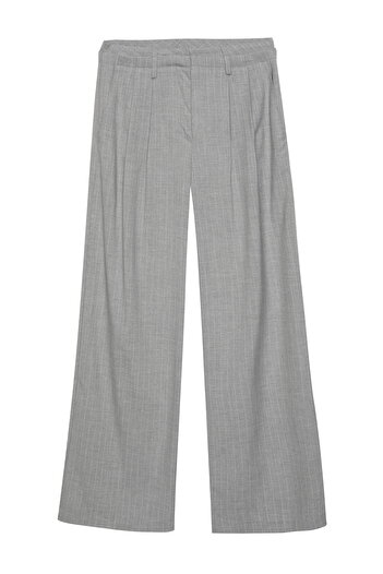 Quzu Double Waist Detailed Back Printed Trousers Light Gray