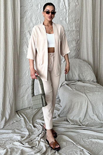 MODAGEN Women's Beige Kimono Top and Bottom Carrot Pants Set