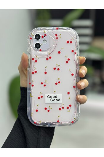 Go Aksesuar iPhone 11 Compatible 3D Wavy Edges Cherry Printed Silicone Case