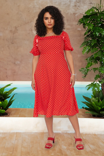 Trendyol Curve Red Polka Dot Patterned Woven Dress TBBSS22EL1712