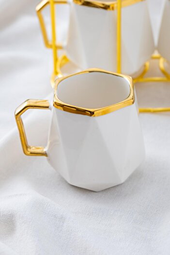 ACAR Gold Color 4-Person Porcelain Mug Set with Stand