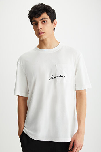 GRIMELANGE Kravın Men's 100% Cotton Crew Neck Printed Ecru T-Shirt