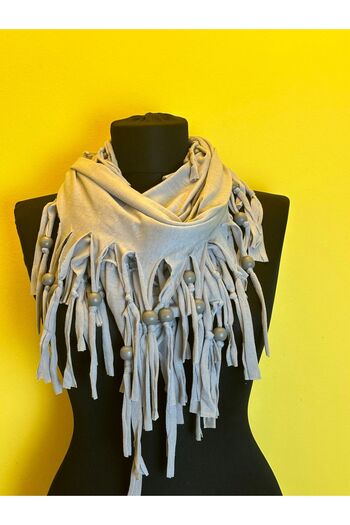 Gönülden Tasarım Wooden Beaded Combed Cotton Scarf Neck Collar Clothing Accessory Gray