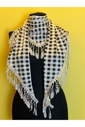 Gönülden Tasarım PLAID GIPPERED TASSELED SCARF SHALS STANDARD SIZE Ecru
