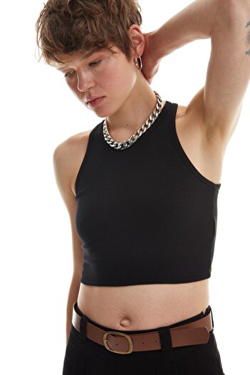 Quzu Halter Yaka Crop Atlet Siyah