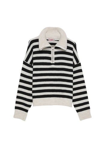 Quzu Zippered High Collar Sweater Ecru-Black