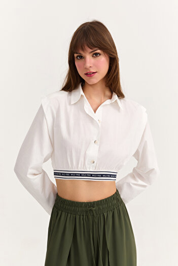Quzu Padded Crop Shirt with Elastic Waist Ecru
