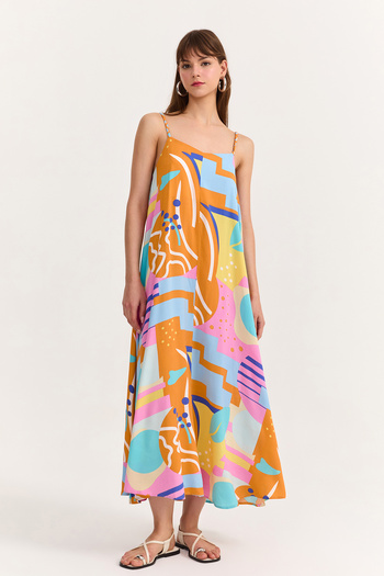 Quzu Colorful Patterned Strappy Long Dress Orange