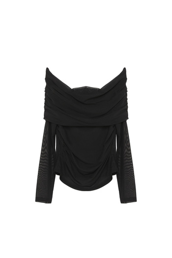 Quzu Off-Shoulder Long Tulle Sleeve Blouse Black