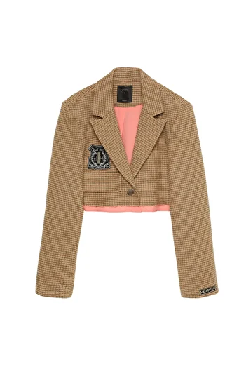 Quzu Μπουφάν με κέντημα Crop Blazer με πτερύγιο τσέπης μπεζ