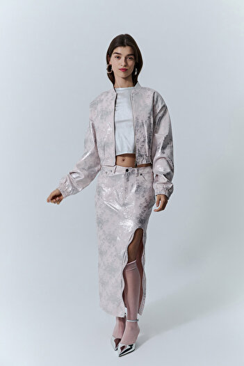 Quzu Metallic Patterned Zippered Jacket Powder