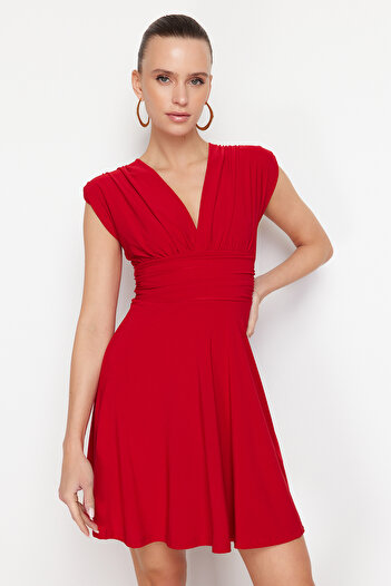 Trendyol Collection Rochie roșie, fără mâneci, patinator drept, cu deschidere cu centură, elastică, nisipoasă, TWOSS24EL01006