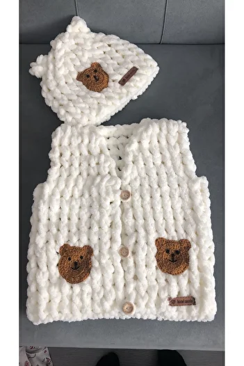 Meltem's Puffy Unisex Vest Hat Set with Knitted Teddy Bear