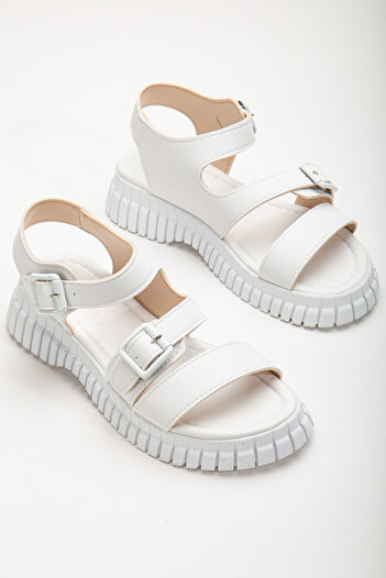 Tonny Black Women's White Double Buckle Single Strap Poly High Sole Sandals