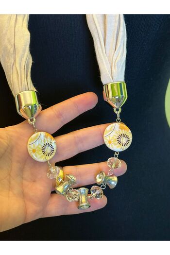 Gönülden Tasarım ZIRCON STONE ETHNIC BEADED COMBED WOMEN'S NECKLACE SCARF 38 CM Ecru