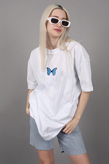 LOTS MODA COPY - T-shirt Blue Butterfly Printed Cotton Crew Neck Oversize