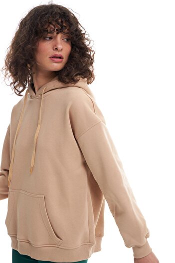 Quzu Hooded Kangaroo Pocket Sweatshirt Beige