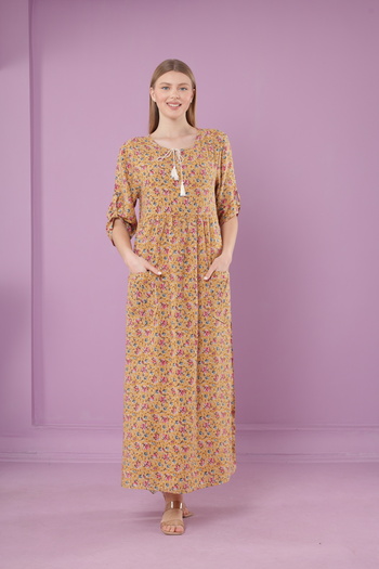 mervemoda Women's woven viscose pocket drop collar long dress