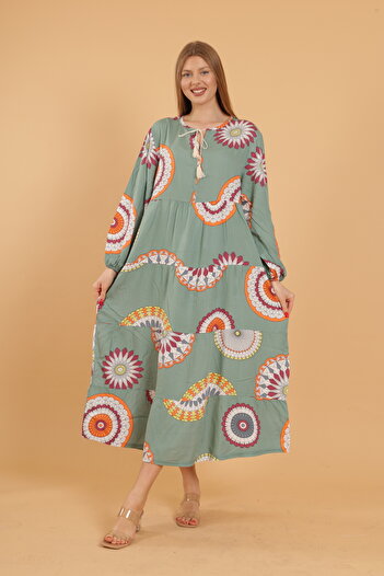 mervemoda Women's long sleeve full length printed woven dress