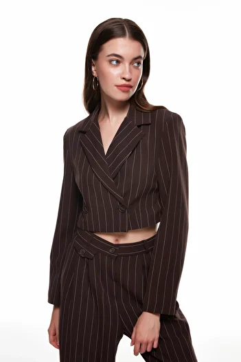 Quzu Stripe Detailed Crop Jacket Brown