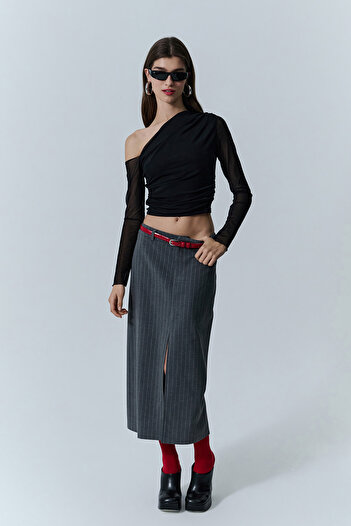 Quzu Low Shoulder Detailed Tulle Blouse Black