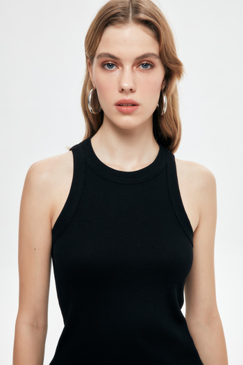 Quzu Halter Collar Basic Corded Tank Top Black