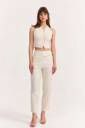 Quzu Collet Detailed Thin Striped Trousers Natural