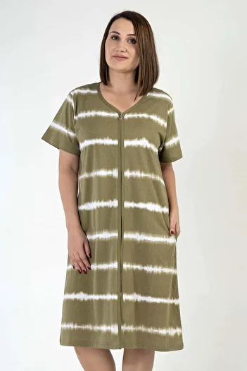 VİENETTA Women's Large Size Short Sleeve Khaki Zipper Home Dress C8T6N0012