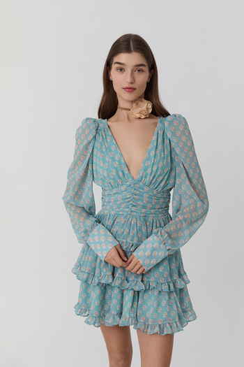 Quzu Backless Floral Tulle Dress Mint