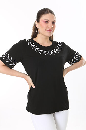 Şans Women's Large Size Black Pearl and Embroidery Detailed Short Sleeve Blouse 65N37677