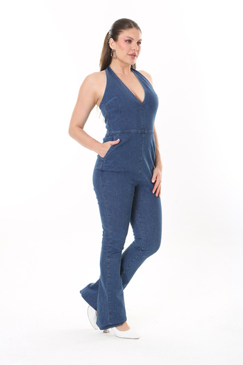 Şans Women's Large Size Navy Blue Back Low-cut Denim Jumpsuit 65N37732