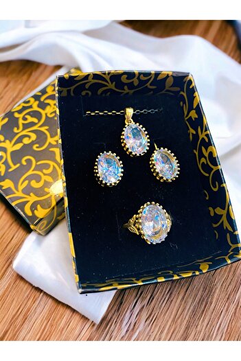 kapris concept Antiallergic White Zircon Cubic Zirconia Copper Necklace - Earring and Ring Set