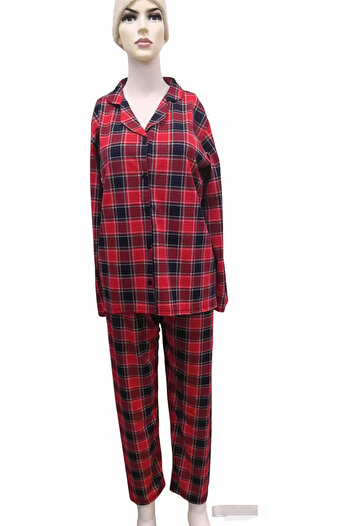 MYS Women's Long Sleeve Red Plaid Front Buttoned Combed Cotton Pajama Set
