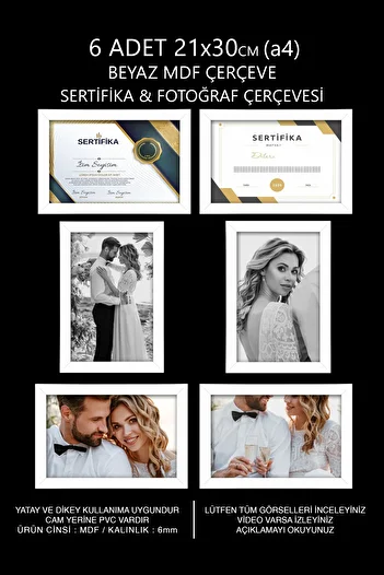 yhfoto 6 Pieces A4 Frame - White Frame - MDF 21x30 Frame - Photo & Certificate Frame