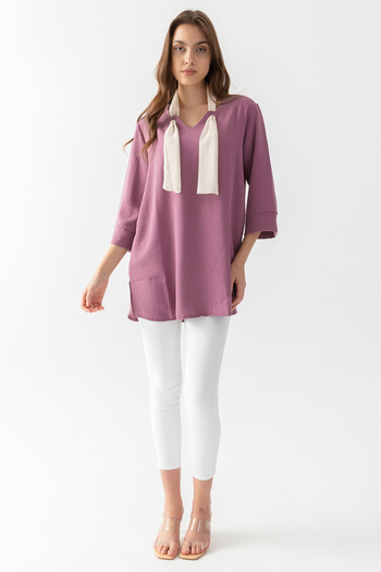 EtkiModa Women's Dried Rose Collar, Bird Eye Detail, Side Slit, Flared Aerobin Loose Cut Tunic