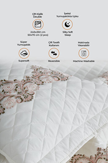Evlen Home Collection Husă de pat din bumbac 100% mai dantelă, matlasată umplută cu fibre duble (știucă), alb