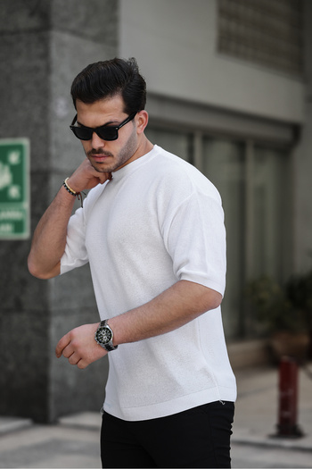 ixir Λευκό πλεκτό ανδρικό μπλουζάκι - Χαμηλό μανίκι, λαιμόκοψη