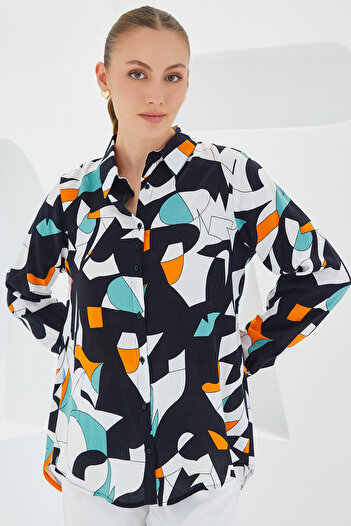 Bigdart Women's Black and White Graphic Patterned Viscose Shirt 3721