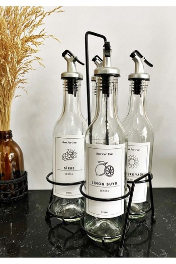 Jenisa Quartet Black Metal Stand Oil Sauce Bottle 375 ml - White