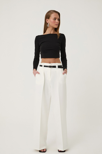 Quzu Belt Detailed High Waist Wide Leg Trousers Ecru