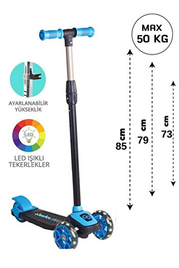 welcomein Led Işıklı 3 Tekerlekli Cool Wheels Yükseklik Ayarlı Mavi Çocuk Scooter