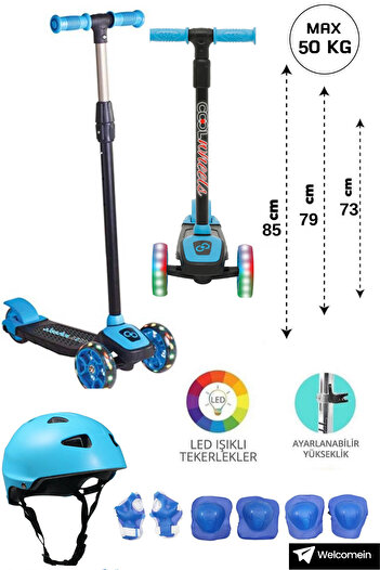 welcomein Mavi Led Işıklı 3 Tekerlekli Cool Wheels Yükseklik Ayarlı Çocuk Scooter Ve Kask Dizlik Dirseklik Set
