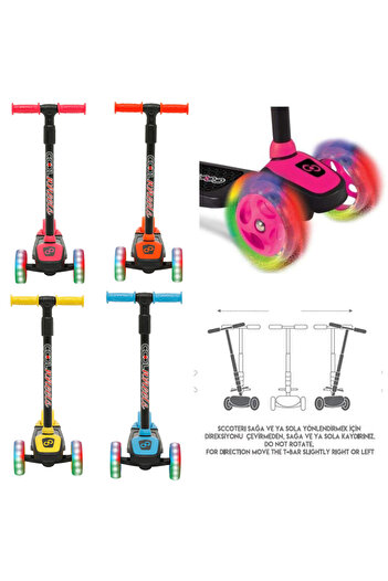 welcomein Mavi Led Işıklı 3 Tekerlekli Cool Wheels Yükseklik Ayarlı Çocuk Scooter Ve Kask Dizlik Dirseklik Set
