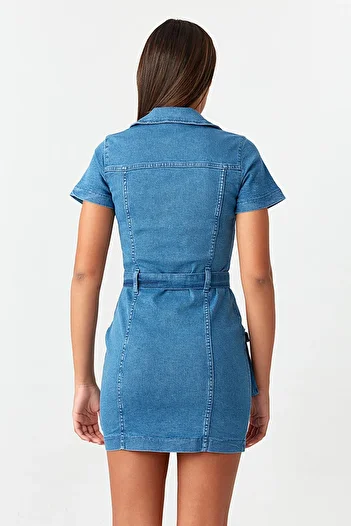 Select Moda Women's Blue Denim Waist Belted Dress